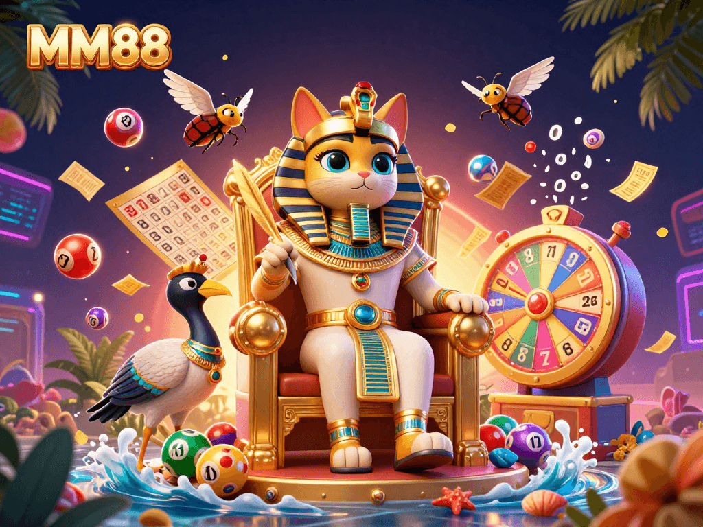 Experience the thrill of MM88's dynamic gambling scene with vibrant lottery elements and energetic characters.