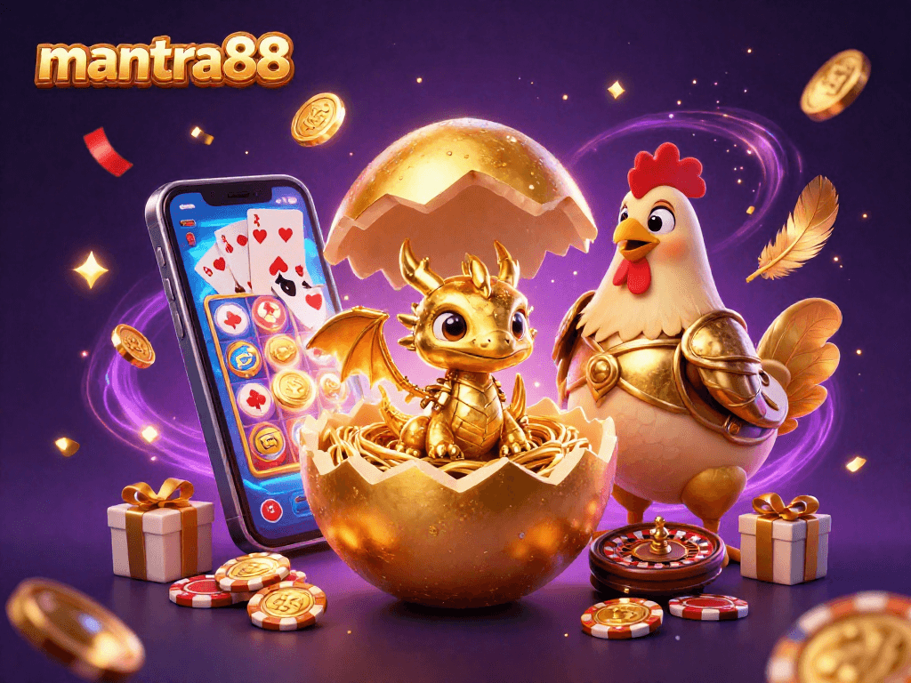 Experience the excitement of mantra88 with a vibrant scene featuring a golden dragon, poker chips, and dynamic slot game elements.