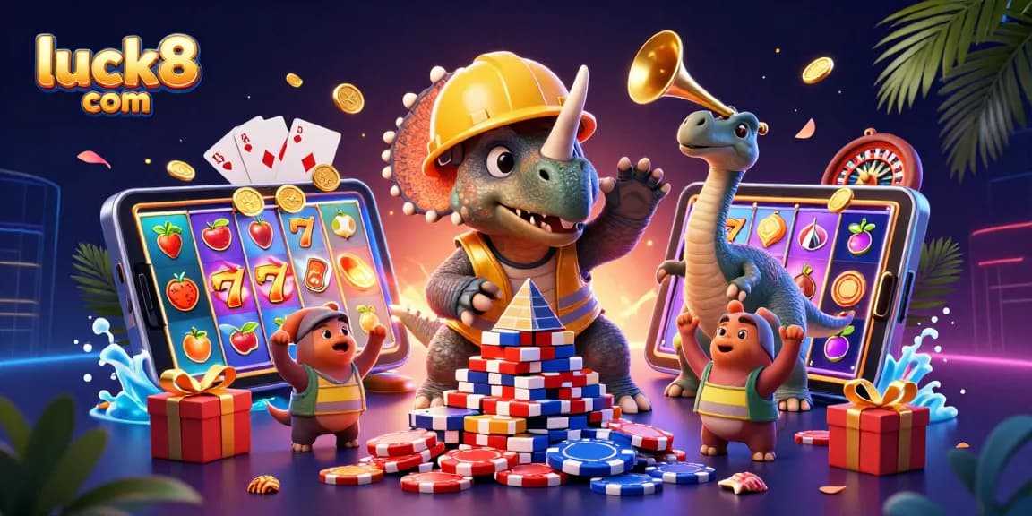 Engage with luck8 com in a lively casino scene featuring a playful triceratops building a poker chip pyramid.