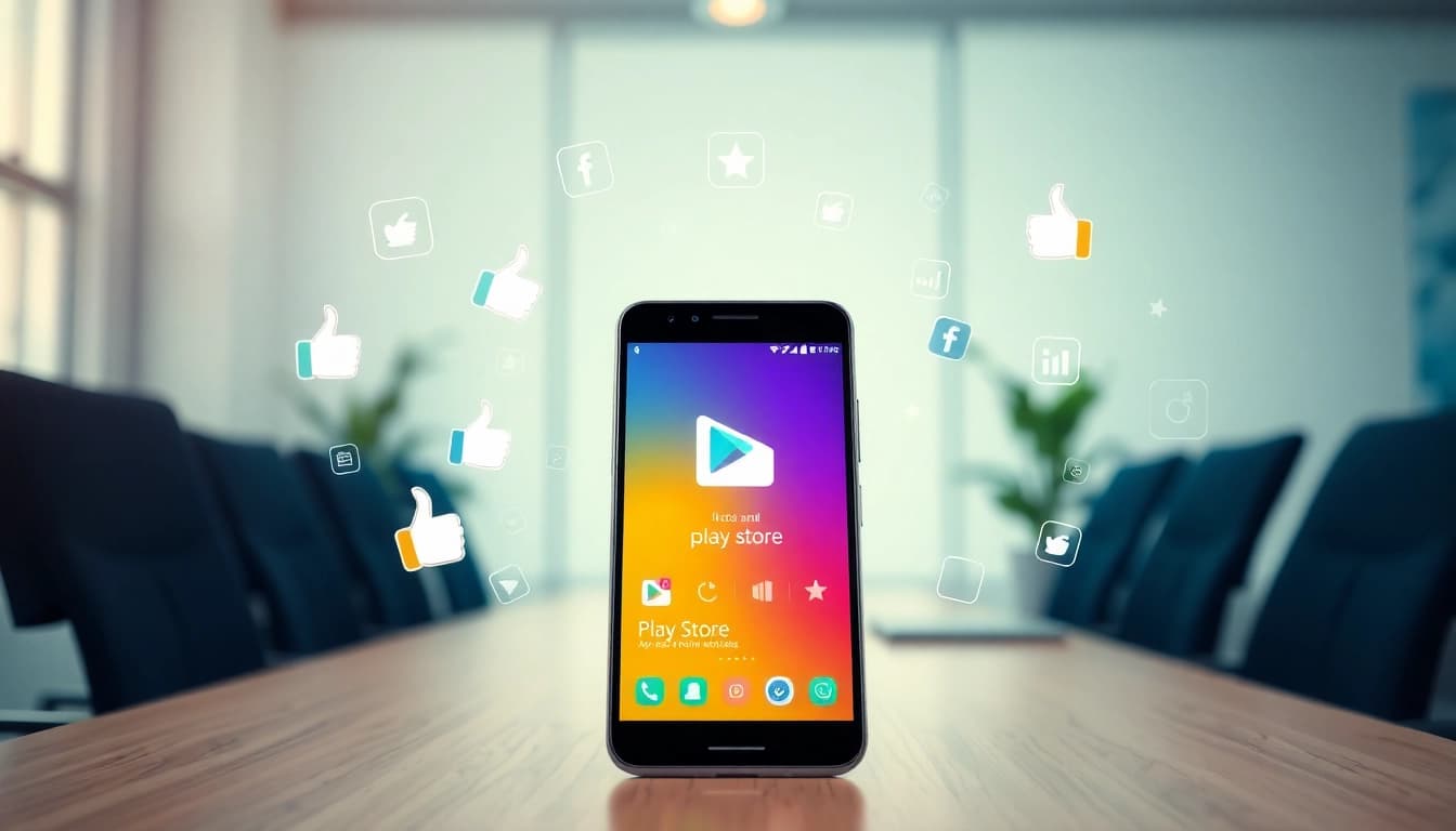 Showcasing the most downloaded app on play store with a smartphone interface surrounded by interaction symbols.