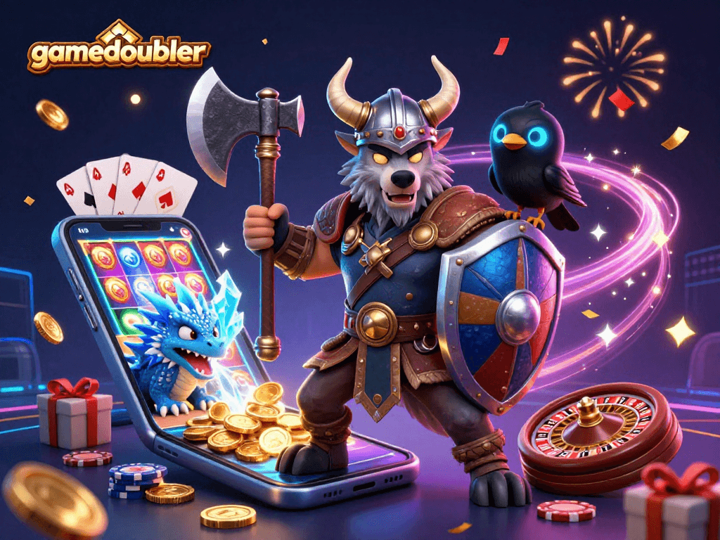Engage with gamedoubler in this thrilling casino scene featuring a Viking warrior, dragon, and gaming elements.