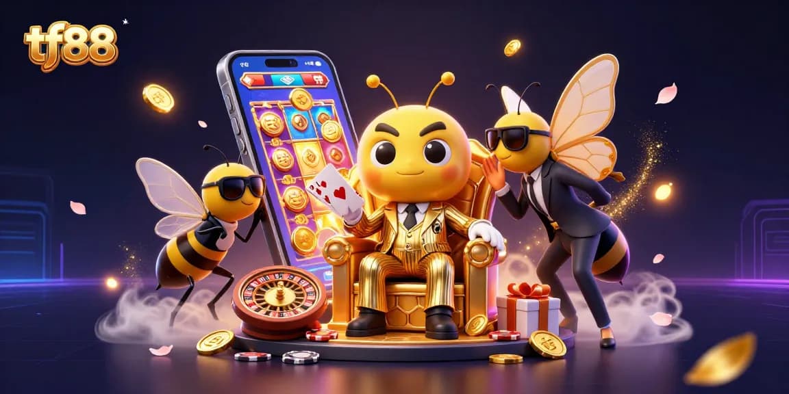 Experience excitement with tf88's vibrant 3D cartoon casino scene featuring a bumblebee boss in a honeycomb throne.