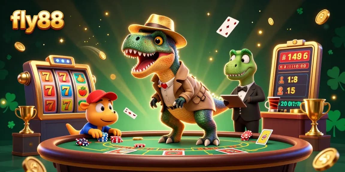 Experience thrilling gameplay at fly88 with a velociraptor card counter and gaming elements in a lively casino setting.