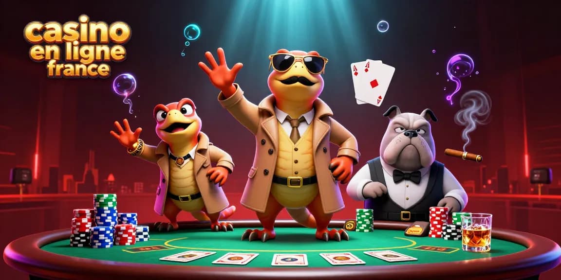 Dans cette illustration, trois raptors en trench coat se présentent comme un seul homme pour accéder à un casino en ligne France.