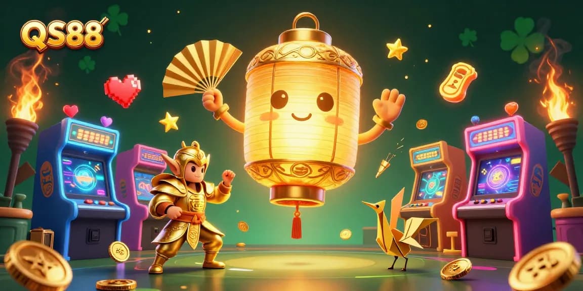 Experience the vibrant gaming world of QS88 with golden lanterns and dynamic arcade machines.