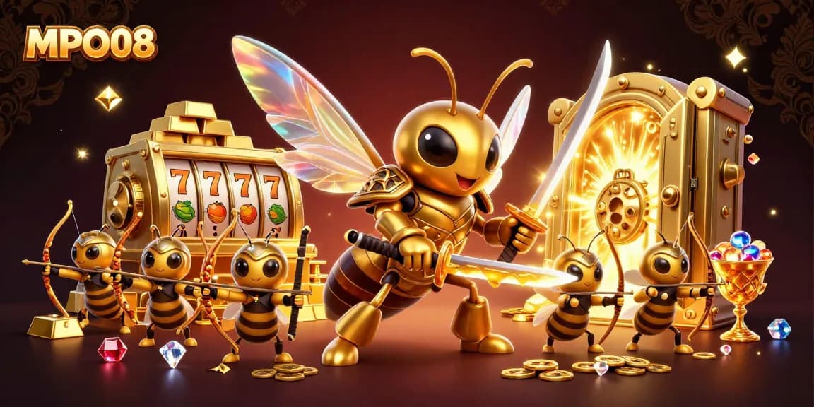 MPO08 showcases a dynamic scene with a giant golden hornet samurai and bee archers, immersing players in exciting slot action.