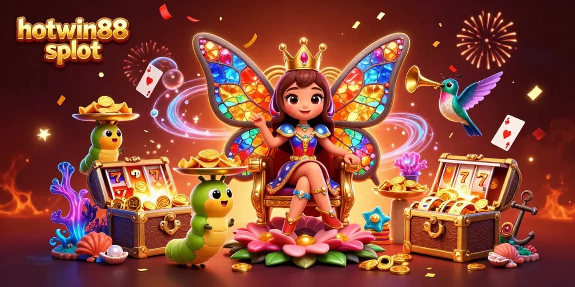Win big at hotwin88 slot with games surrounded by vibrant illustrations of a butterfly queen and treasure.
