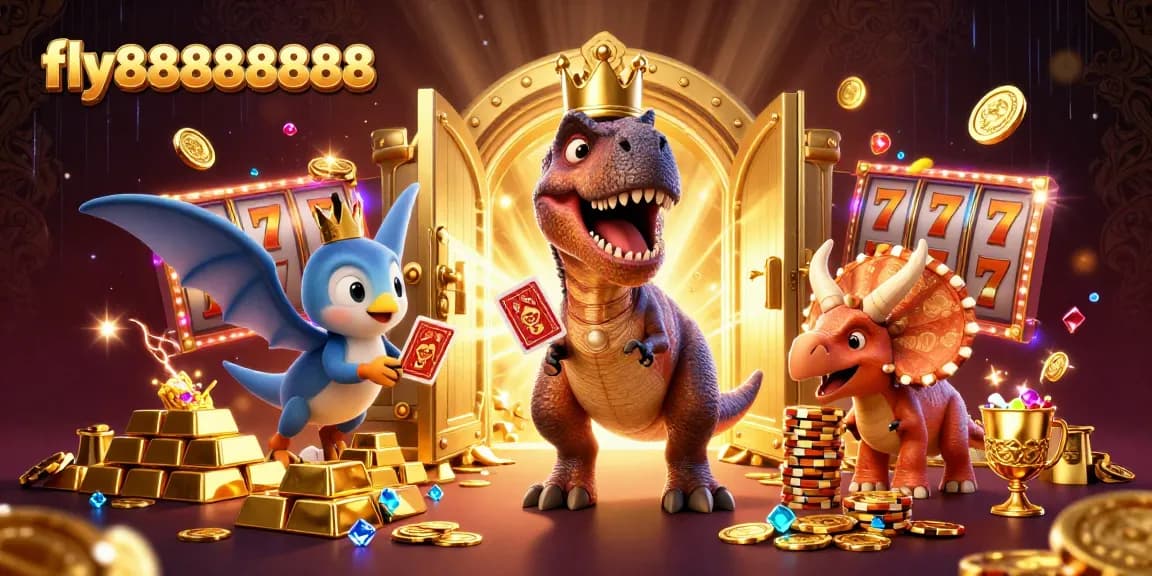 Experience exciting gaming at fly88888888, featuring a vibrant casino scene with T-Rex and friends.