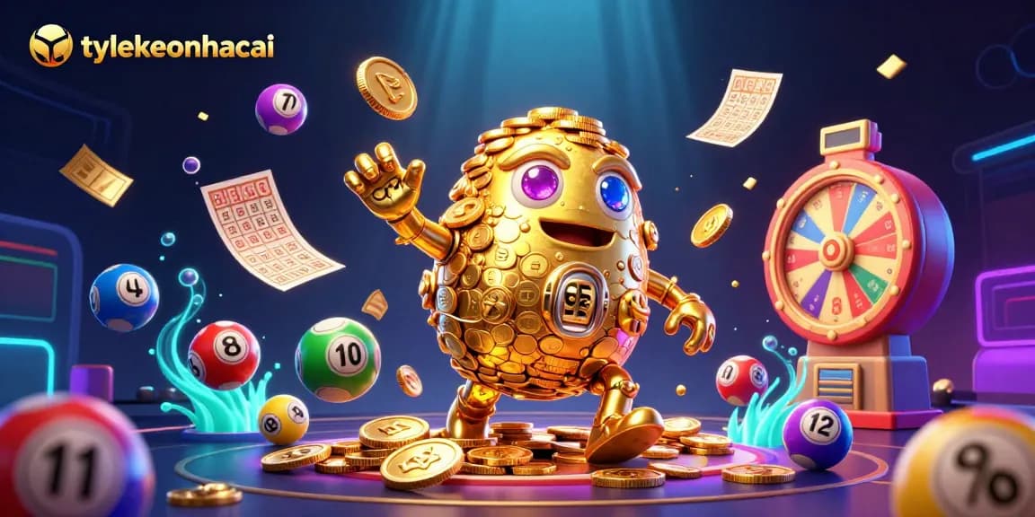 Engage with tylekeonhacai's lively gambling scene featuring a golden golem and vibrant lottery balls.