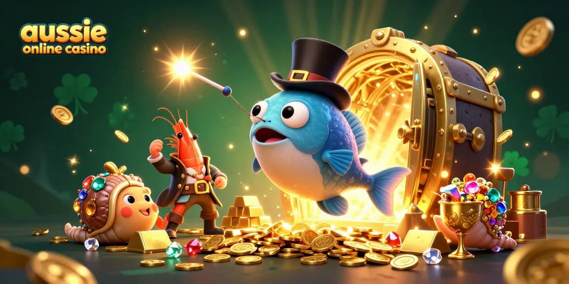 Engage in the excitement of aussie online casino with 3D characters attracting golden coins in a vibrant treasure scene.