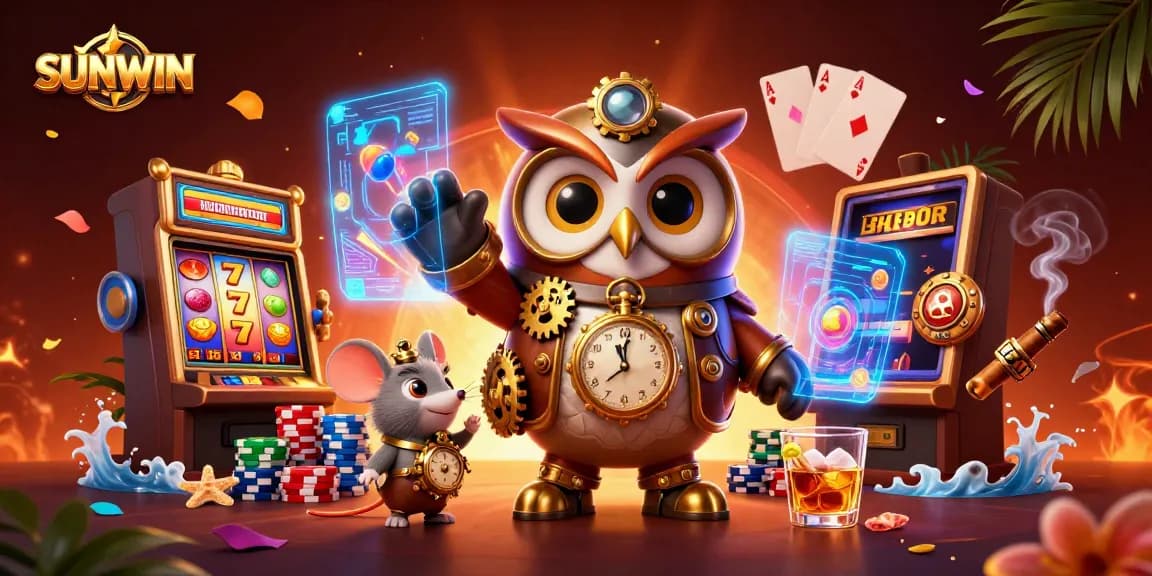 SUNWIN offers thrilling jackpot rewards with vibrant slot machines and cartoon characters in a dynamic casino scene.