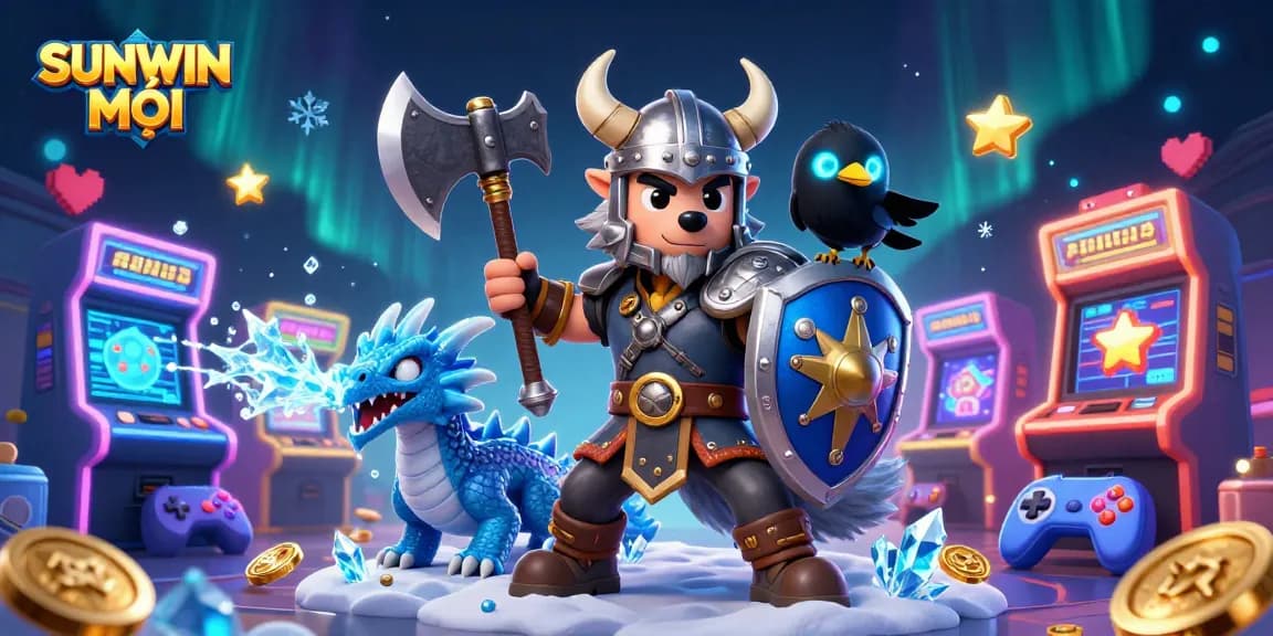 Engage with SUNWIN MỚI as the Viking warrior commands the vibrant casino arcade scene.