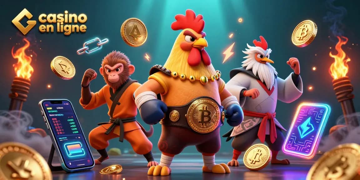 Illustration d'une scène de casino en ligne avec un coq Muay Thai, un singe moine et une grue, entourés de crypto-monnaies.