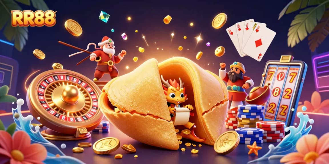 Experience RR88's dynamic gaming scene with golden fortune elements and rich casino visuals