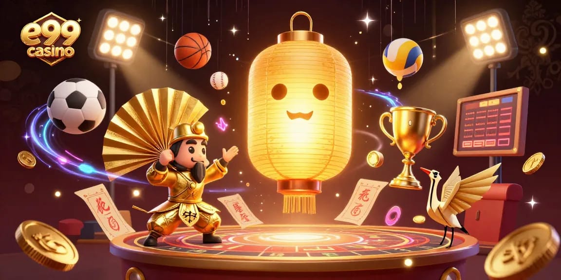 Engage in thrilling gameplay at e99 casino with vibrant gaming characters and dynamic sports elements.
