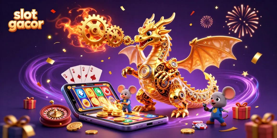 Experience the excitement of slot gacor with a golden dragon, colorful games, and celebratory confetti.