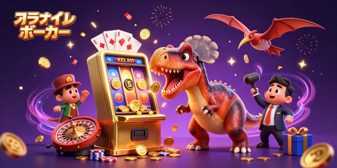 オンラインポーカーのプレイ中、恐竜がジャックポットのコインを出すスリリングなシーン