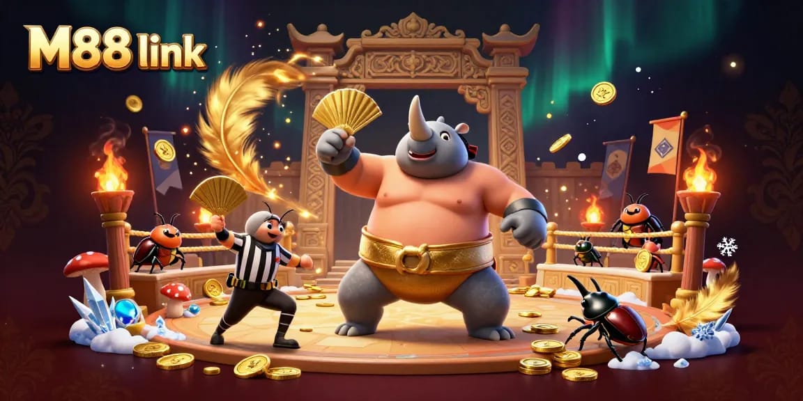 Experience the excitement of betting with M88 link in this vibrant illustrated scene featuring champions in action.