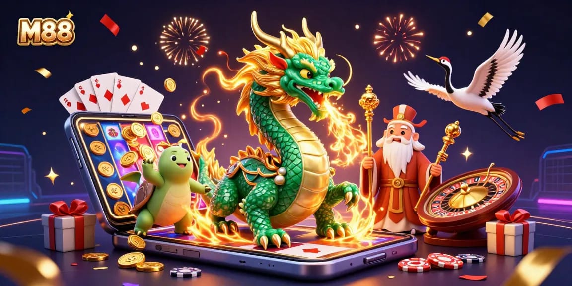 M88 vibrant gambling scene with a jade dragon, turtle sage, and lucky cranes surrounded by casino elements.
