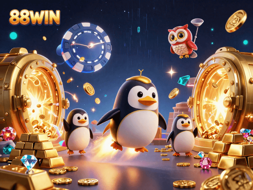 Experience thrilling adventures at 88WIN with a golden penguin racing through a casino-themed galaxy.