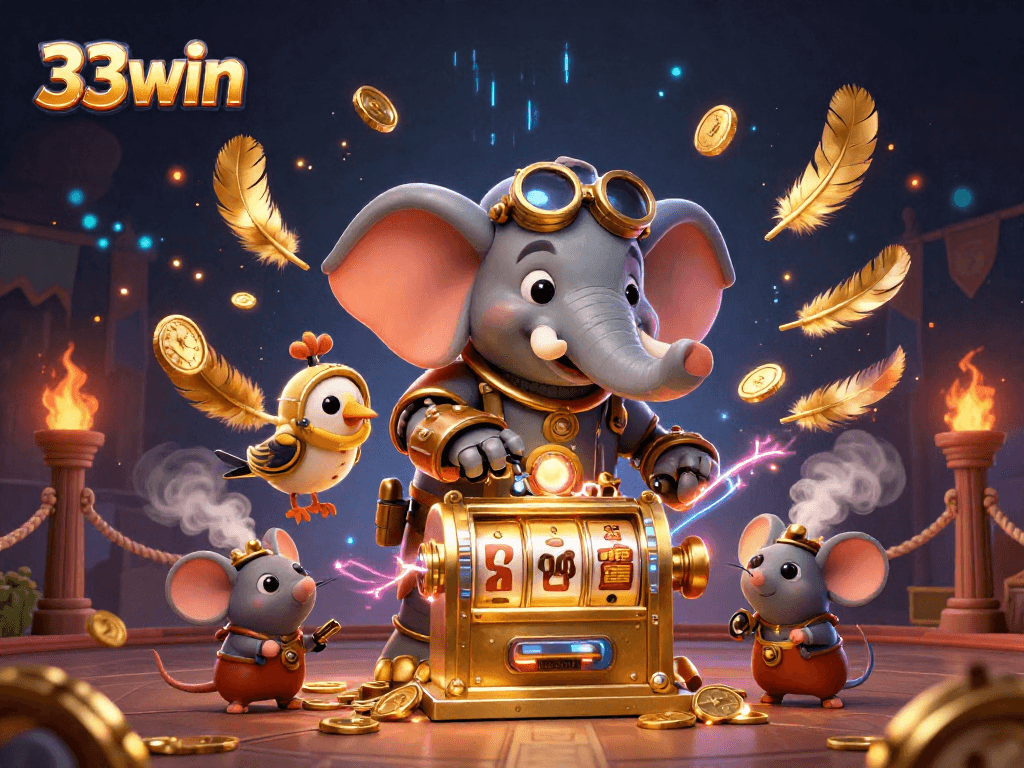 Spin the reels with 33win's steampunk elephant and golden slot machine adventure!