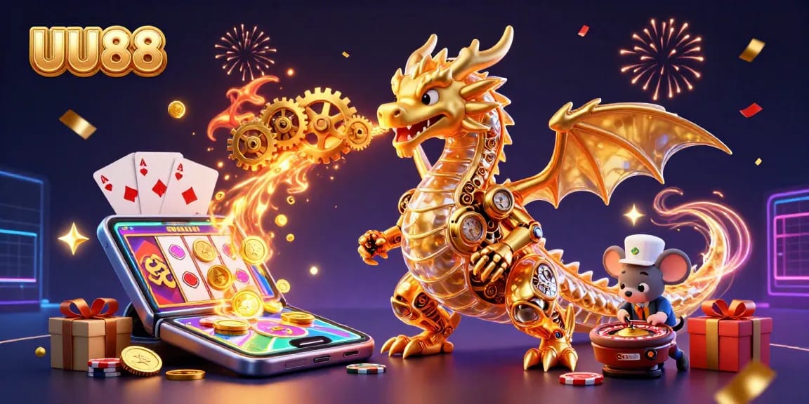 Experience thrilling wins with UU88, featuring a golden dragon in a vibrant casino scene.