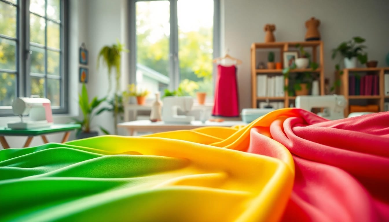 Kreukvrije stoffen in een stijlvolle naaikamer met rijke texturen en kleuren.