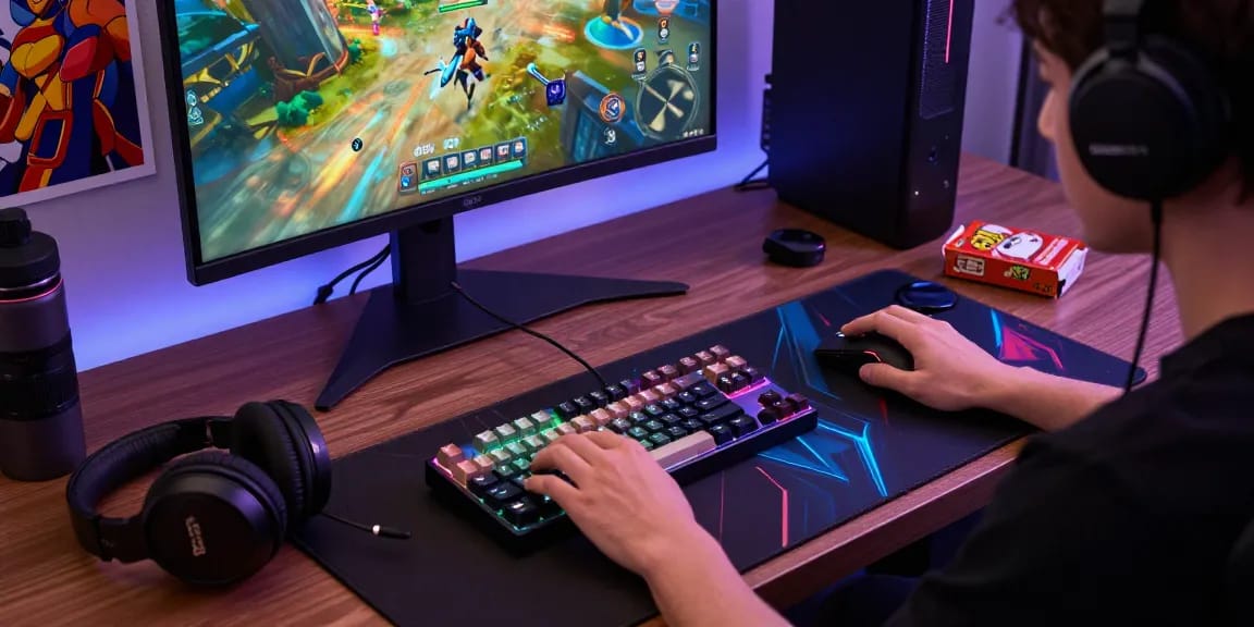 Custom 65 percent keyboard enhancing the gaming experience with vibrant RGB lighting and stylish keycaps.