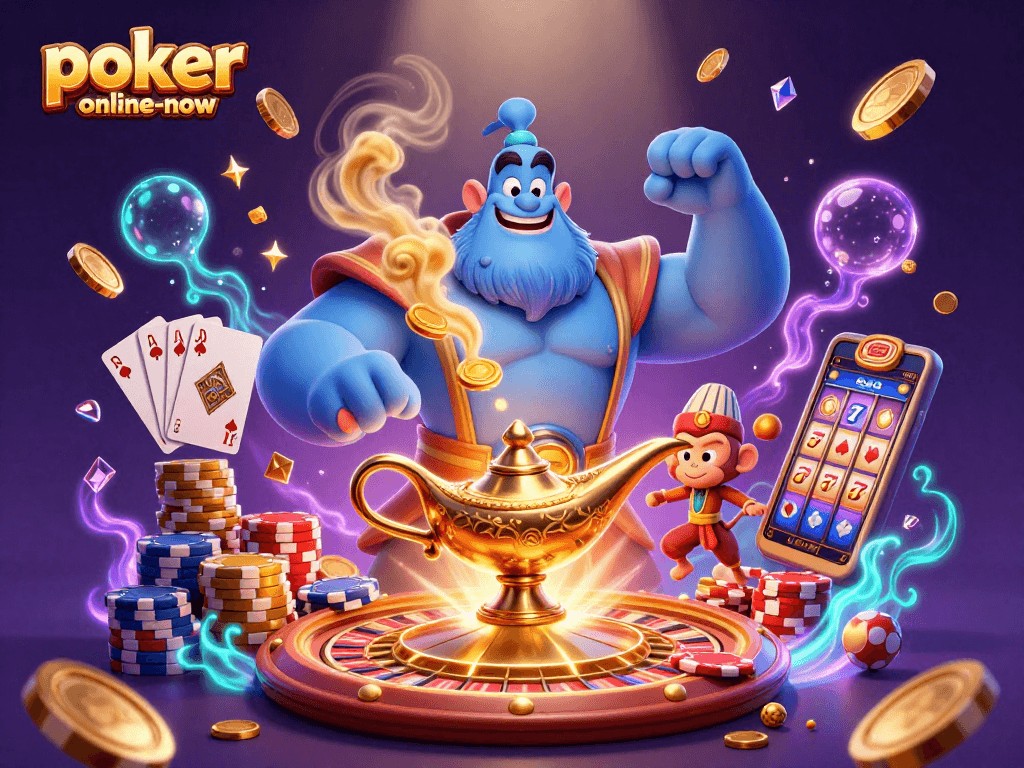 Engage in thrilling Casino Poker action with poker-online-now, featuring a dynamic 3D scene with characters, gaming elements, and casino atmosphere.