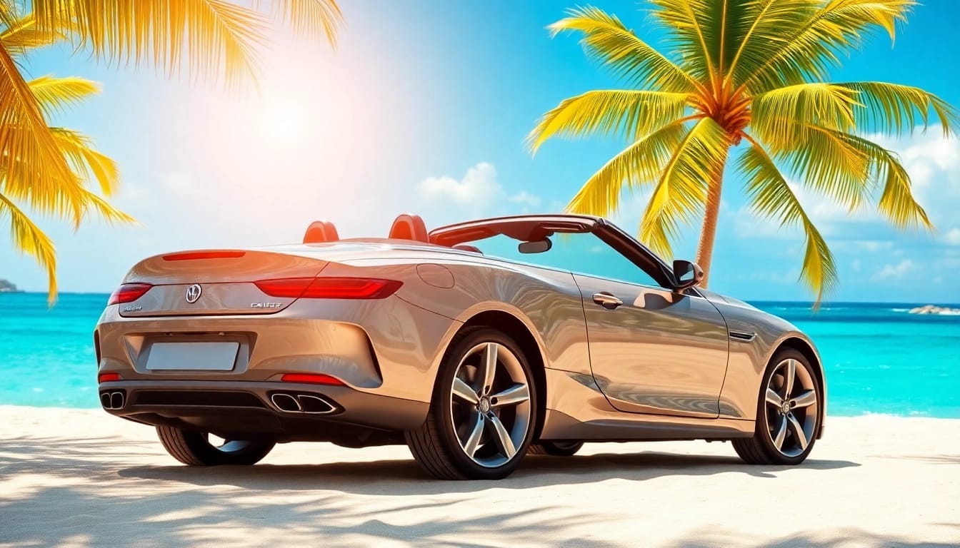 Webpage featuring convertible car rental st barts with a luxurious convertible on a sunny beach.