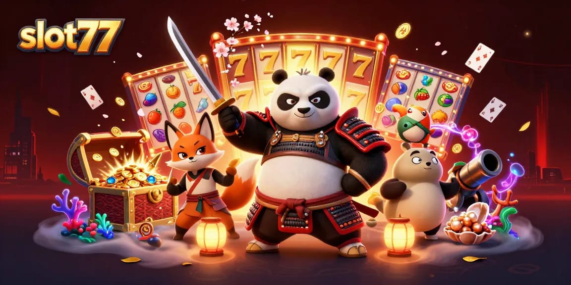 Bermain di slot77 dengan permainan slot gacor dan simbol keberuntungan yang menghiasi ilustrasi 3D penuh warna.