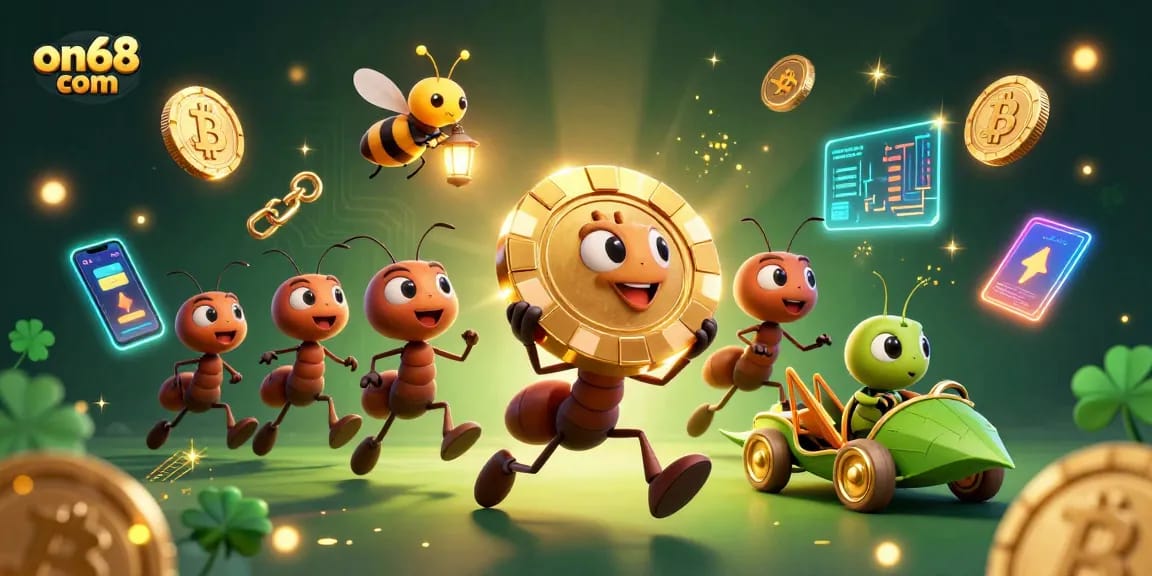 Experience thrilling gambling fun with on68 com's cartoon ants heisting a golden poker chip!
