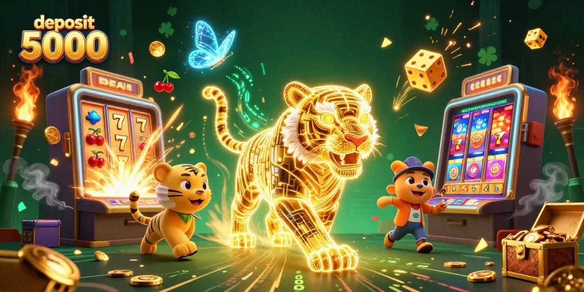 Experience the thrill of deposit 5000 gaming with vibrant casino scenes featuring a golden tiger and slot machines.