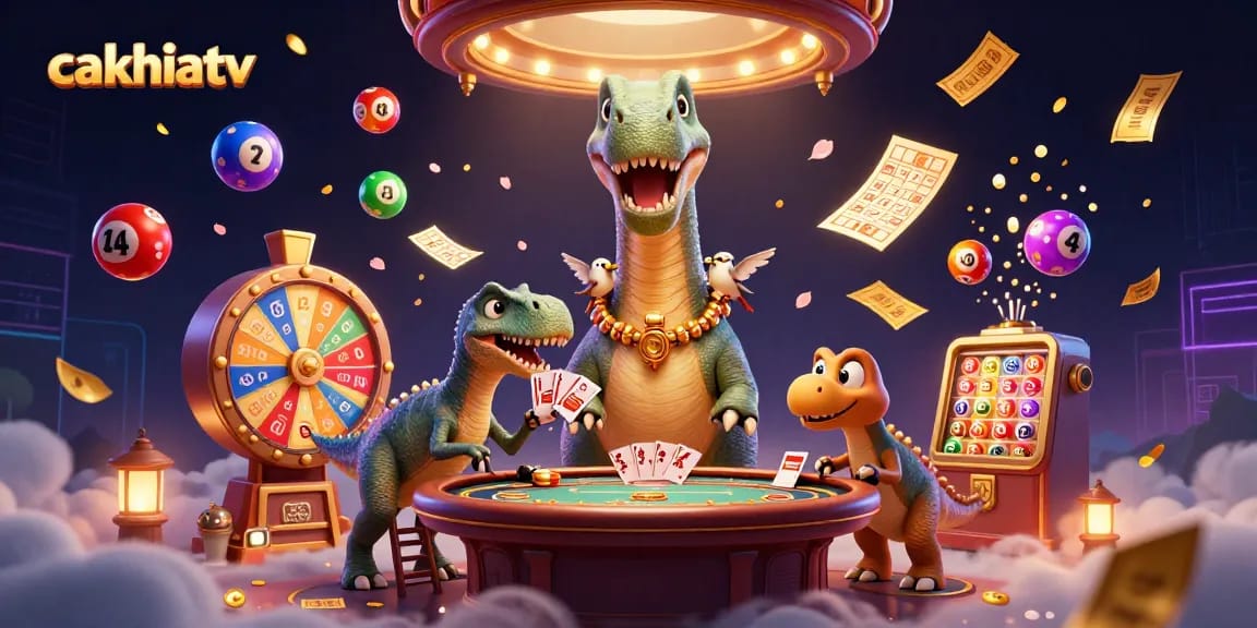 Cakhiatv engages in action-packed gaming with vibrant lottery elements and lively casino characters
