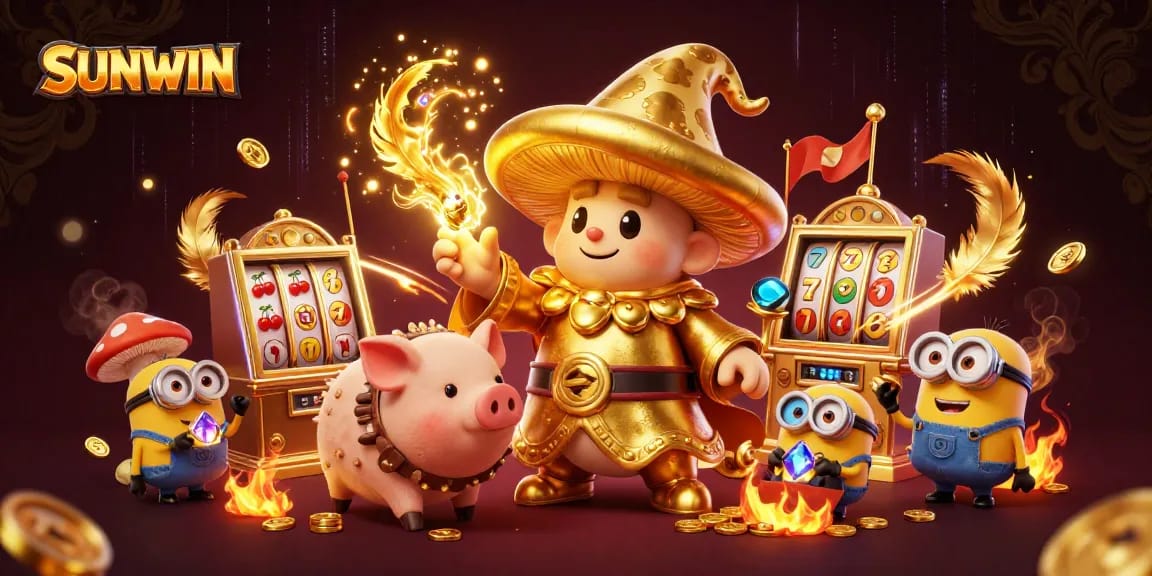 SUNWIN highlights a lively casino scene with a golden mushroom wizard amidst jackpots and treasures.