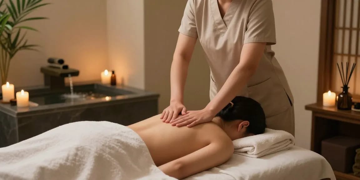 마사지 테라피를 받는 고객과 치료사, 편안한 스파 환경에 있는 모습