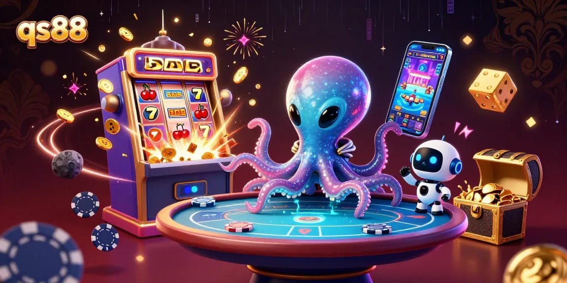 Experience thrilling gaming action at qs88 with an alien octopus dealing at a holographic poker table