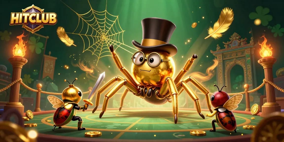 Engage with HITCLUB's thrilling casino scene featuring a golden tarantula and brave beetle knight.