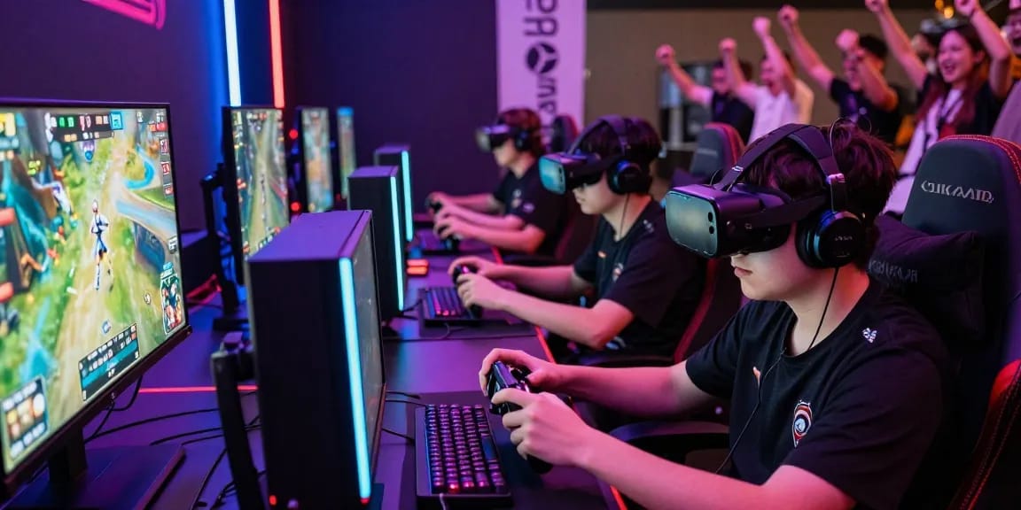 CIKA4D esports arena with gamers engaged in intense matches, showcasing a vibrant competitive atmosphere.