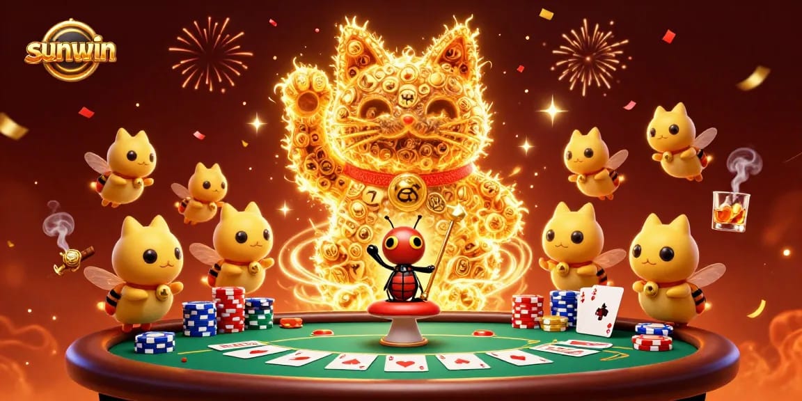 Experience exhilarating moments with sunwin’s vibrant casino scene featuring a lucky cat in action.