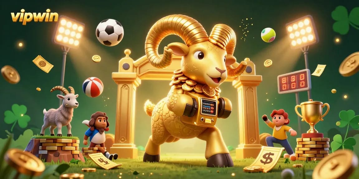 Experience thrilling sports action at vipwin with golden ram charging through a vibrant 3D casino scene.