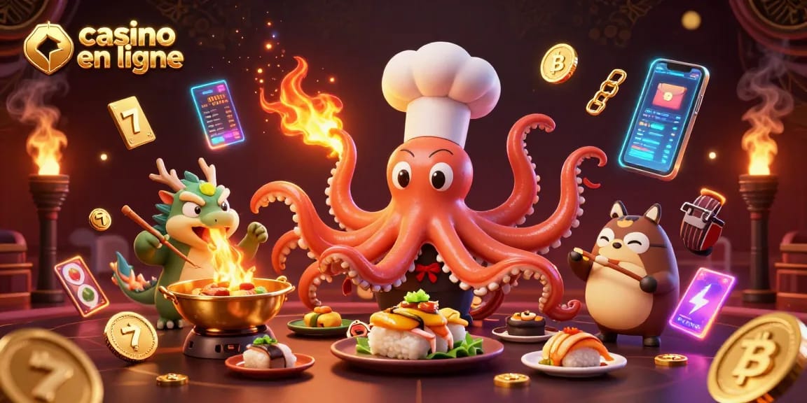 Visuel attractif de casino en ligne, incluant un chef sushi et un dragon, préparant des plats d'or.