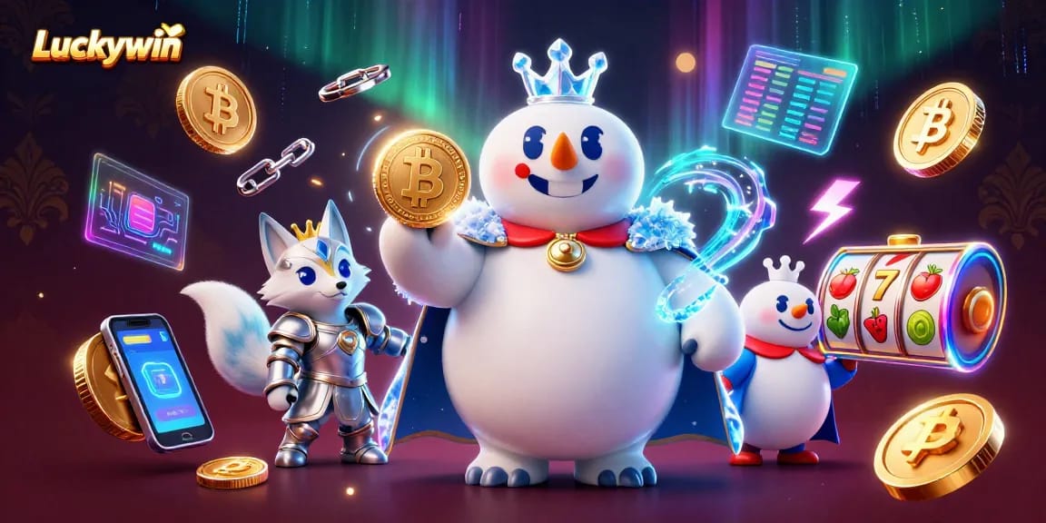 Experience Luckywin's thrilling slots and crypto elements in this vibrant 3D casino scene.