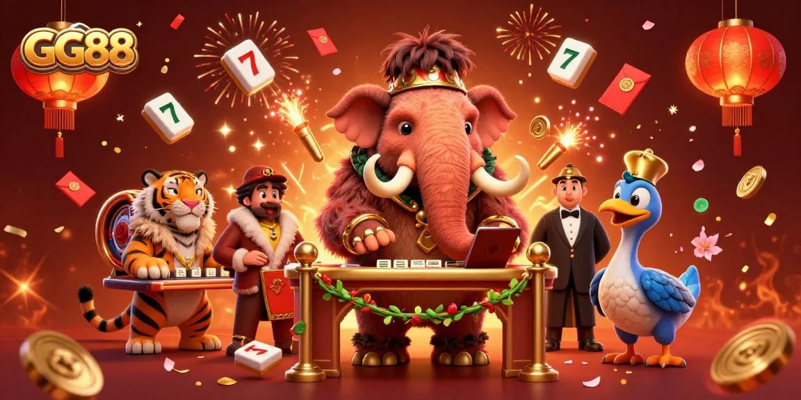 Experience GG88's unique slot games in a vibrant casino illustration featuring exciting characters and festive elements.