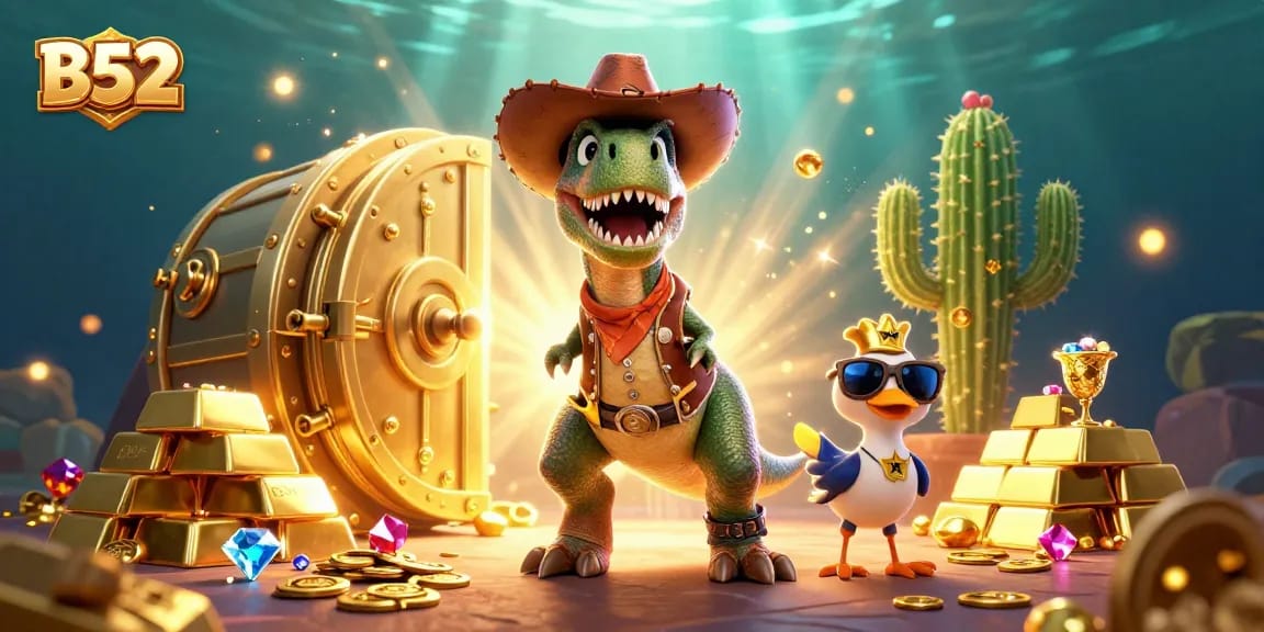 Experience B52's exciting treasures with a T-Rex, cactus, and roadrunner in an animated casino scene.