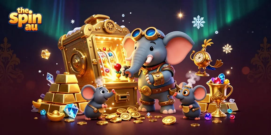 Experience the spin au with a steampunk elephant winning on slot machines, surrounded by treasures.