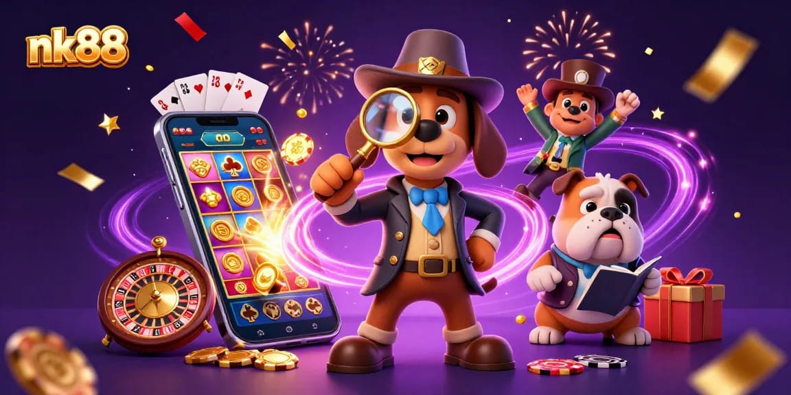 Engage with thrilling slot games at nk88, featuring vibrant visuals of poker chips and rich casino elements.