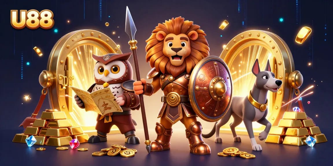 Experience U88 action with a Spartan lion and fortune elements glowing in a vibrant casino scene.