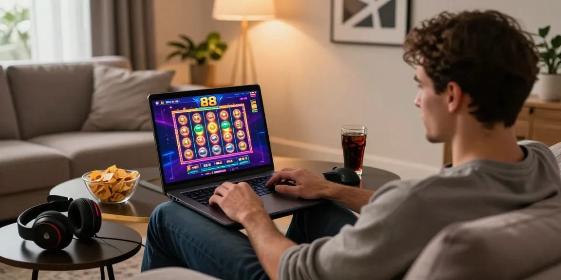 Pengguna bermain slot88 di rumah dengan suasana nyaman dan dekorasi modern.