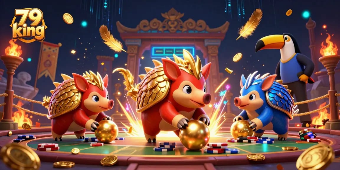 Engage with the vibrant 79 king arena where rival pangolins compete in a thrilling bowling game amidst poker chips.